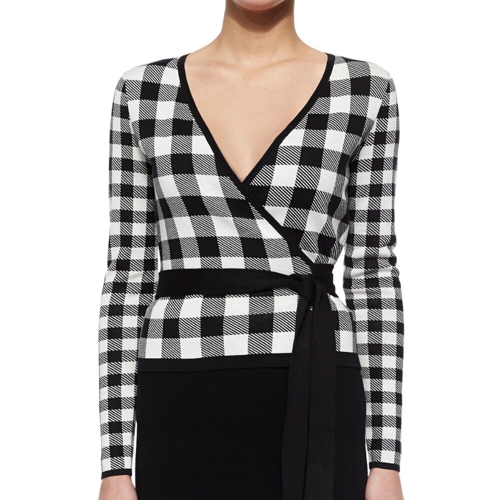 Diane von Furstenberg Kyla Plaid Tie Waist Cardigan Preppy Minimalist Coquette